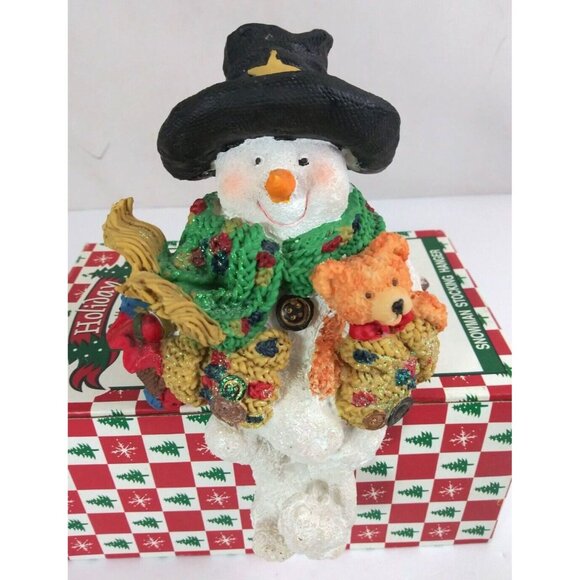 Vtg World Bazaars Holiday Collection Snowman Holding Teddy 7.5" Stocking Hanger - Picture 3 of 14
